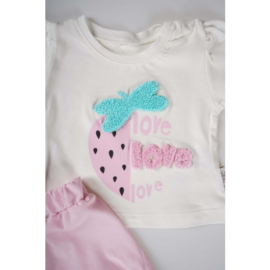 Strawberry Patterned Love Embroidered Baby Girl Shorts Suit