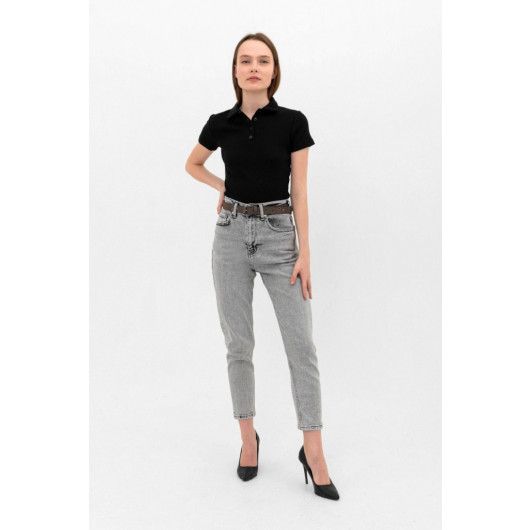 High Waist Lycra Gray Mom Denim Jeans