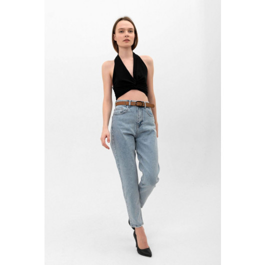 High Waist Lycra Blue Mom Jeans Jeans