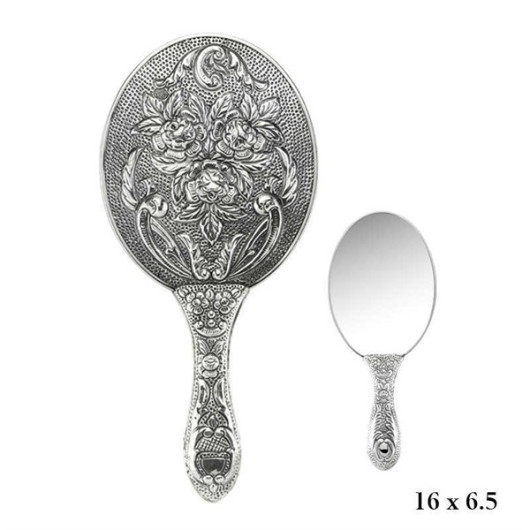 Gms 925 Sterling Silver Hand Mirror With Rose Pattern