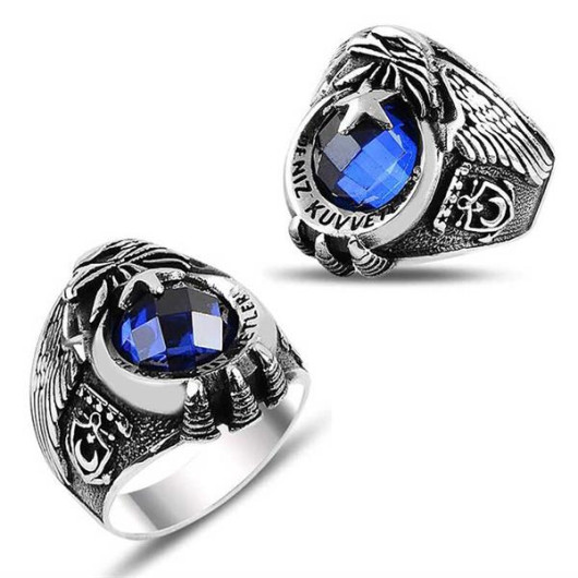 Gms Crescent And Star Navy Blue Stone Men's Silver Ring