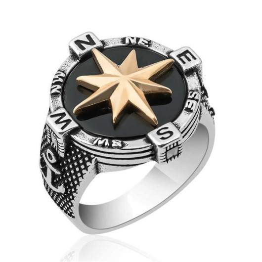Gms Anchor Detailed Compass Men's Silver Ring