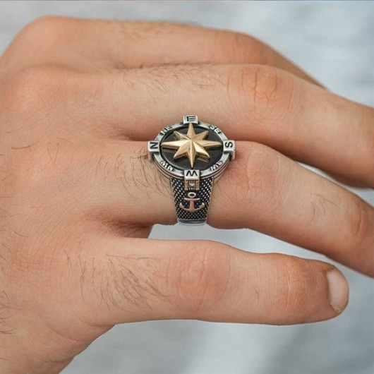 Gms Anchor Detailed Compass Men's Silver Ring