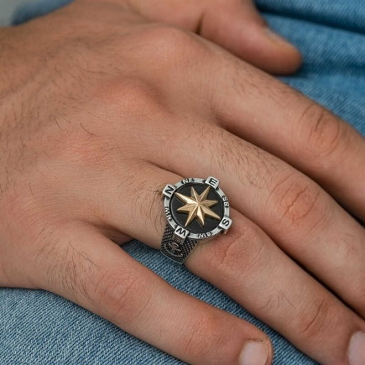 Gms Anchor Detailed Compass Men's Silver Ring