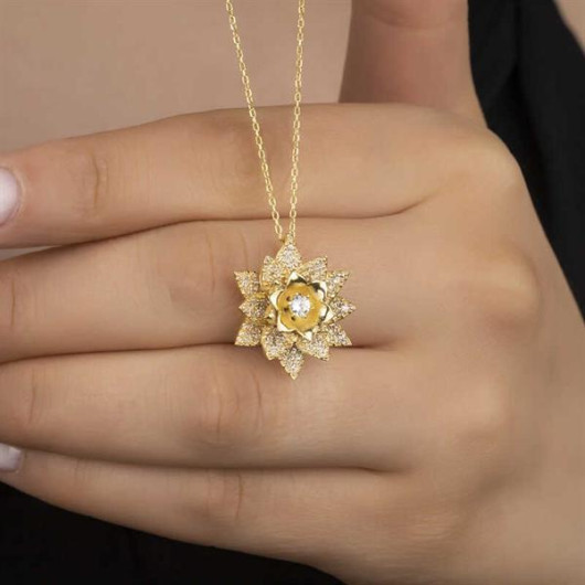 Gms Gold White Stone Lotus Flower Women's Silver Necklace