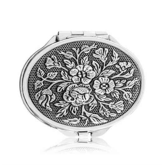 Gms Rose Motif Oval Silver Hand Mirror With Cover