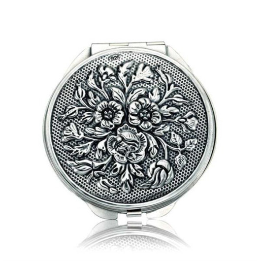 Gms Rose Motif Covered Round Silver Hand Mirror