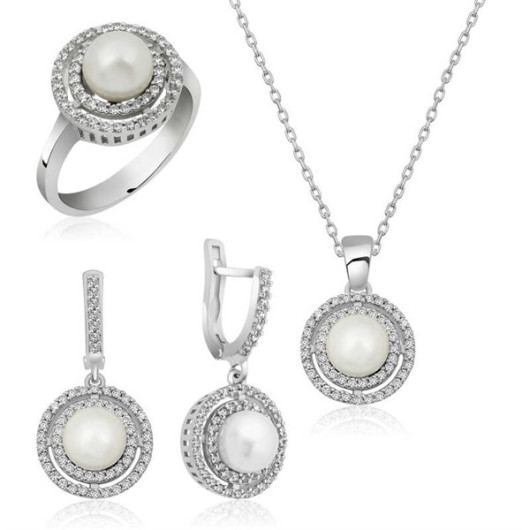 Gms Round Women's Silver Set With Pearls