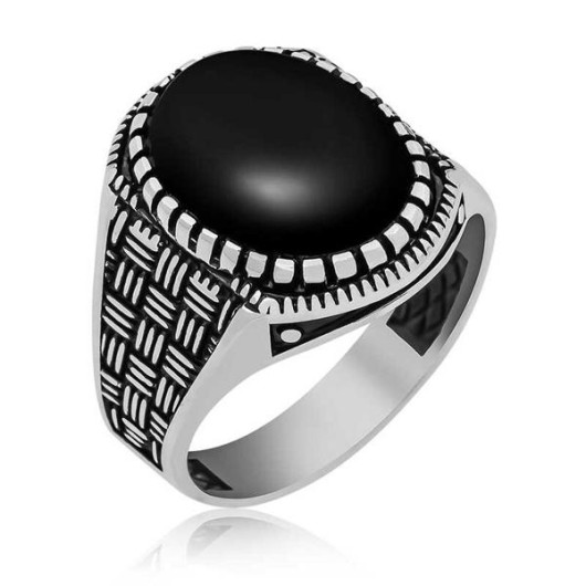 Onyx Stone Patterned Men's Silver Ring