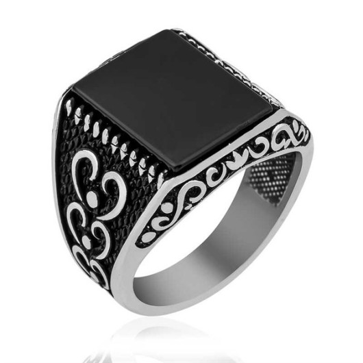 Onyx Stone Patterned Men's Silver Ring