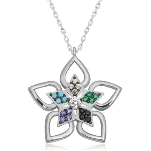 Gms Colorful Stone Flower Women's Silver Necklace