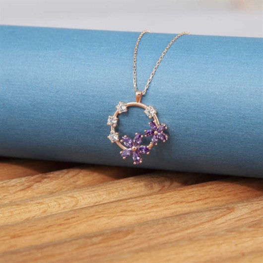 Gms Rose Purple Flower Women's Silver Necklace