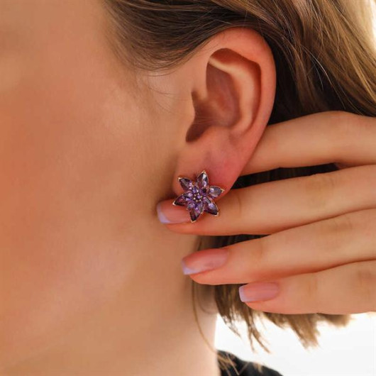 Gms Rose Purple Lotus Flower Studded Women's Sterling Silver Earrings