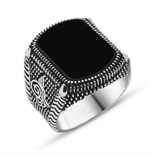 Black Stone Tugra Men's Silver Ring