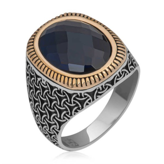 Oval Men's Silver Ring With Black Zircon Stone