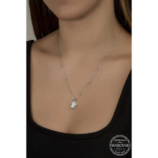 Gms Swarovski Crystal Stone Ball Chain Oval Silver Women's Necklace