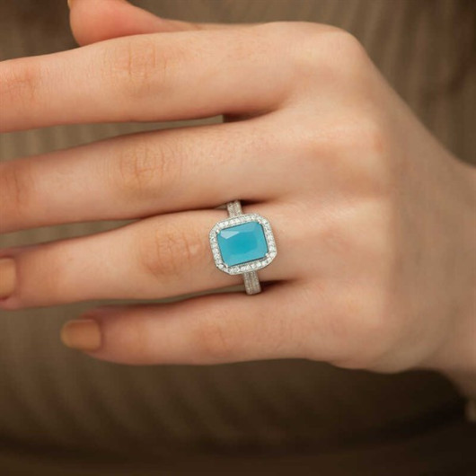 Gms Turquoise Baguette Square Women's Silver Ring