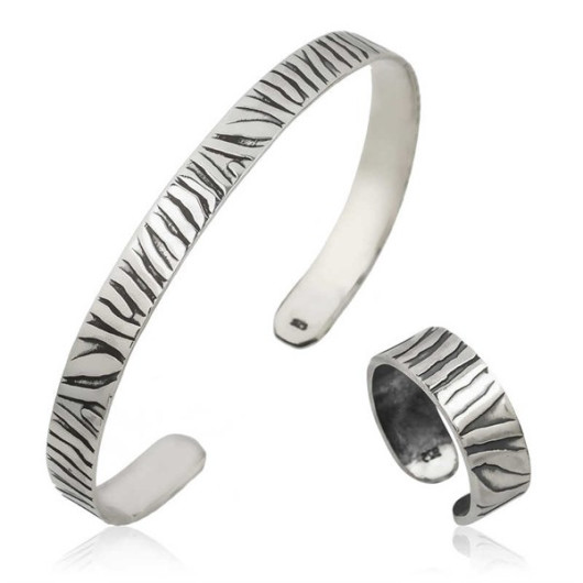 Gms Zebra Patterned Bracelet And Ring Men's Silver Set