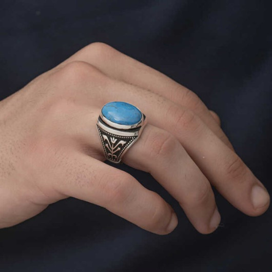 Zircon Turquoise Stone Oval Men's Silver Ring