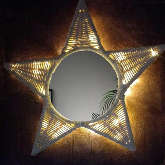 Özgü Rattan Braided Star Mirror With Led Backlight - Varnished