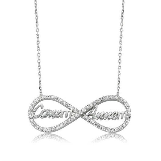 Women's Silver Infinity Necklace With The Writing Of My Dear Mother In Turkish