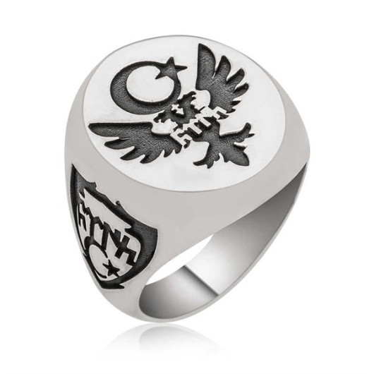 Pb Double Headed Eagle Crescent Star Men's Silver Ring