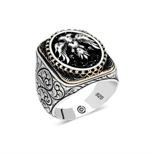 Double Headed Eagle Oval Men's Silver Ring
