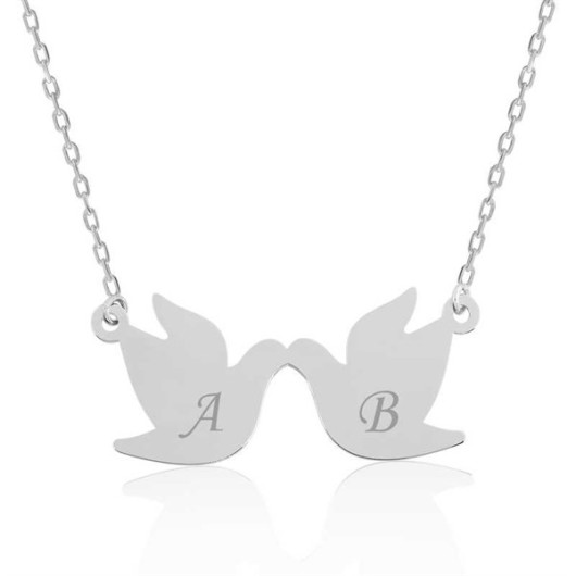 Pb Double Doves Silver Necklace With Letters