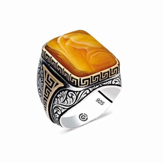 Square Men's Silver Ring With Patterned Clustered Amber Stone