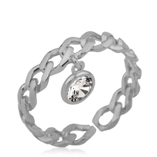Pb Silver Chain Patterned Single Stone Women's Silver Ring