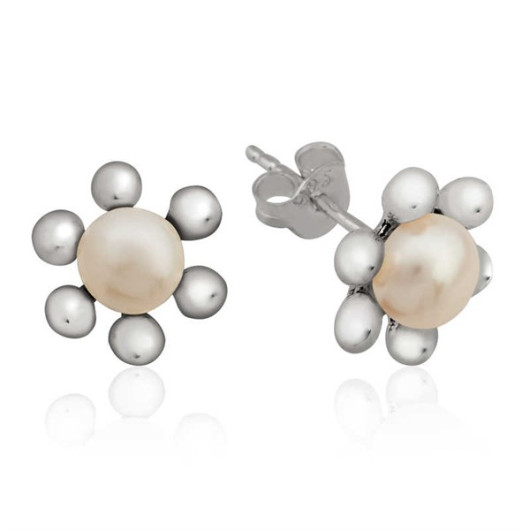 Pb Pearl Flower Studded Silver Earrings