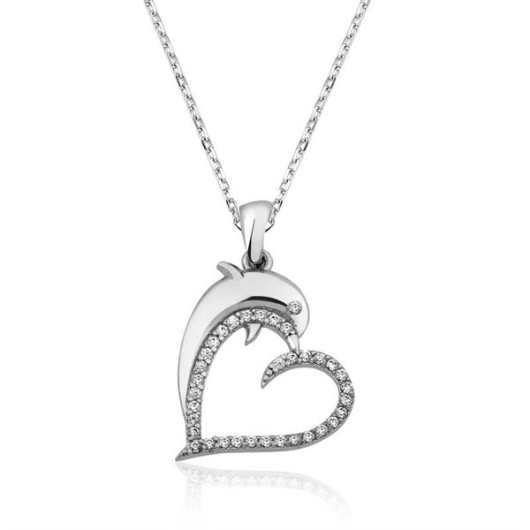 Pb Hearted Dolphin Women's Silver Necklace