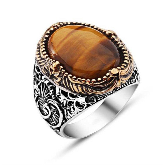 Pb Men's Silver Ring With Tiger Eye Stone