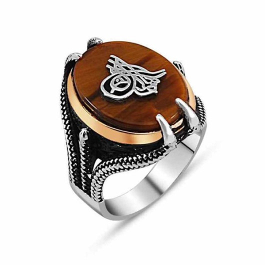 Pb Men's Silver Ring With Tiger Eye Stone And Monogram