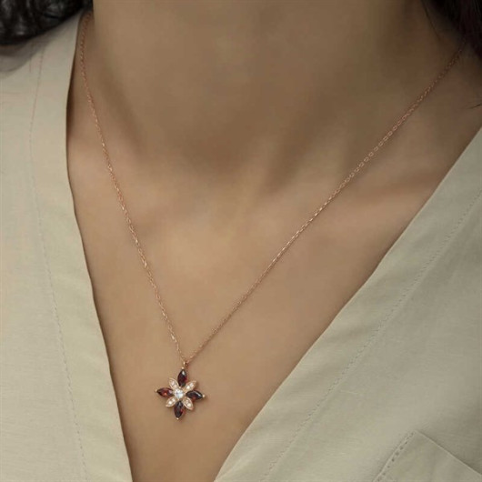 Pb Red Stone Hope Flower Silver Necklace