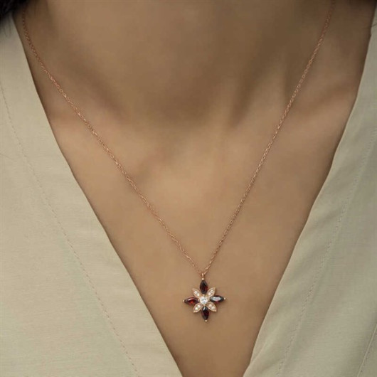 Pb Red Stone Hope Flower Silver Necklace