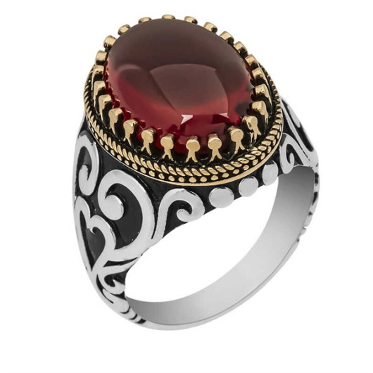 Silver Men's Ring With Red Zircon Stone