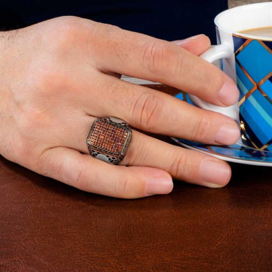 Square Men's Silver Ring With Red Zircon Stone