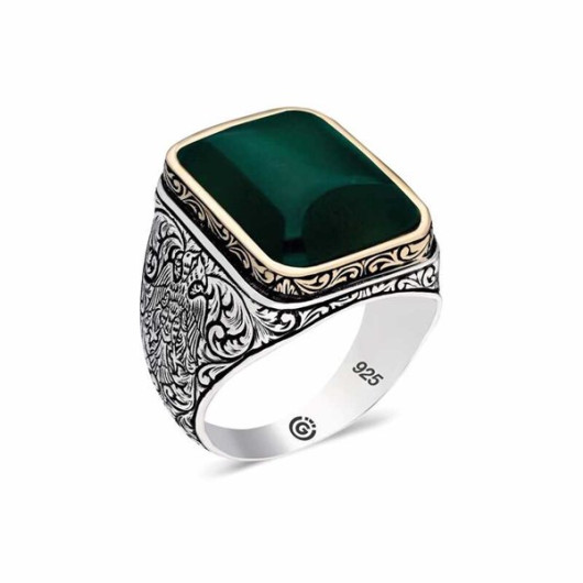 Dark Green Agate Stone Angular Men's Ring