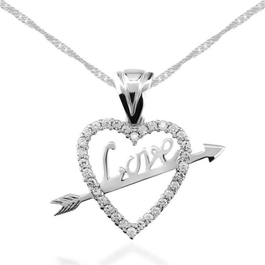 Silver Necklace For Women With A Heart And Arrow Design With The Word Love