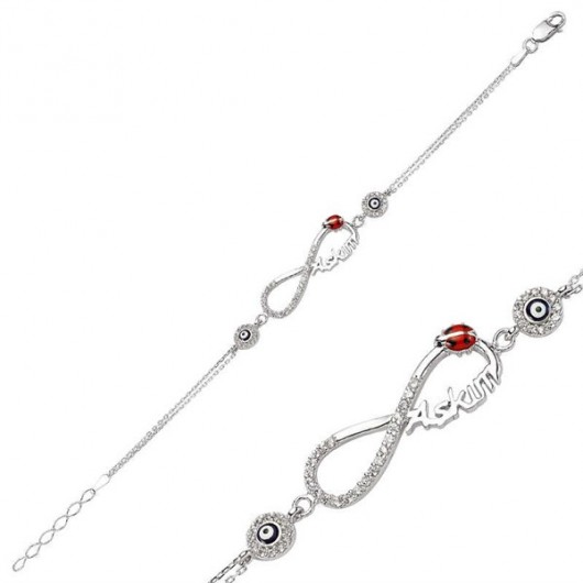 Silver Bracelet For Women With An Endless Pattern And Writing I Love You In Turkish