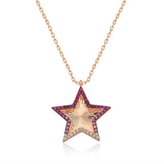 Pb Pink Ruffle Pattern Star Women's Silver Necklace