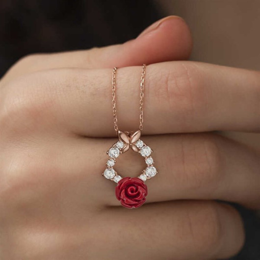 Pb Red Rose Silver Necklace