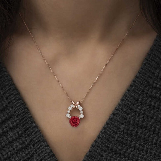 Pb Red Rose Silver Necklace