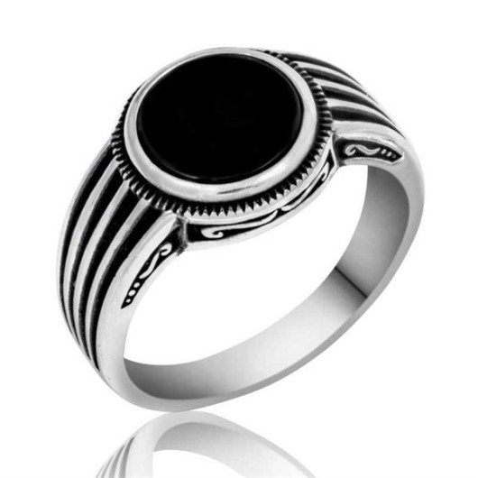 Black Stone Striped Men's Silver Ring