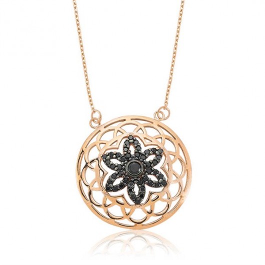 A Silver Women's Necklace In The Form Of A Black Flower Of Life