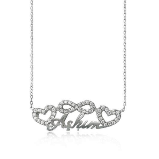 A Silver Women's Necklace With A Heart-Shaped Infinity Design And The Word "Aşkım" Which Means "My Love"