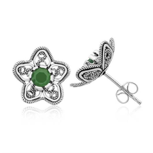 Pb Filigree Green Lotus Flower Studded Silver Earrings
