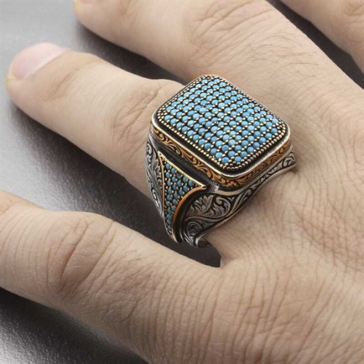 Pb Turquoise Zircon Stone Square Men's Silver Ring