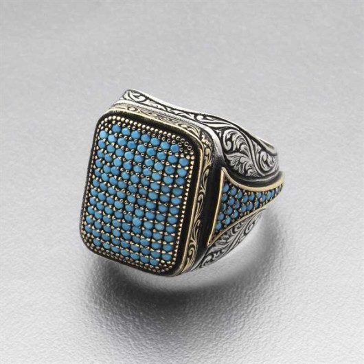 Pb Turquoise Zircon Stone Square Men's Silver Ring